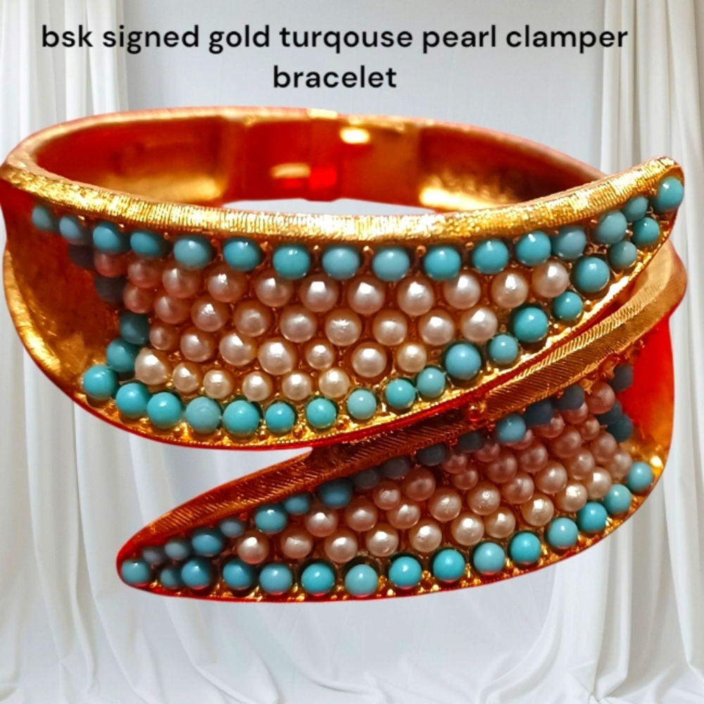 Signed VINTAGE BSK Gold and TurquoisePearlCLAMPER Bracelet BENNYSTEINBERGKASLO